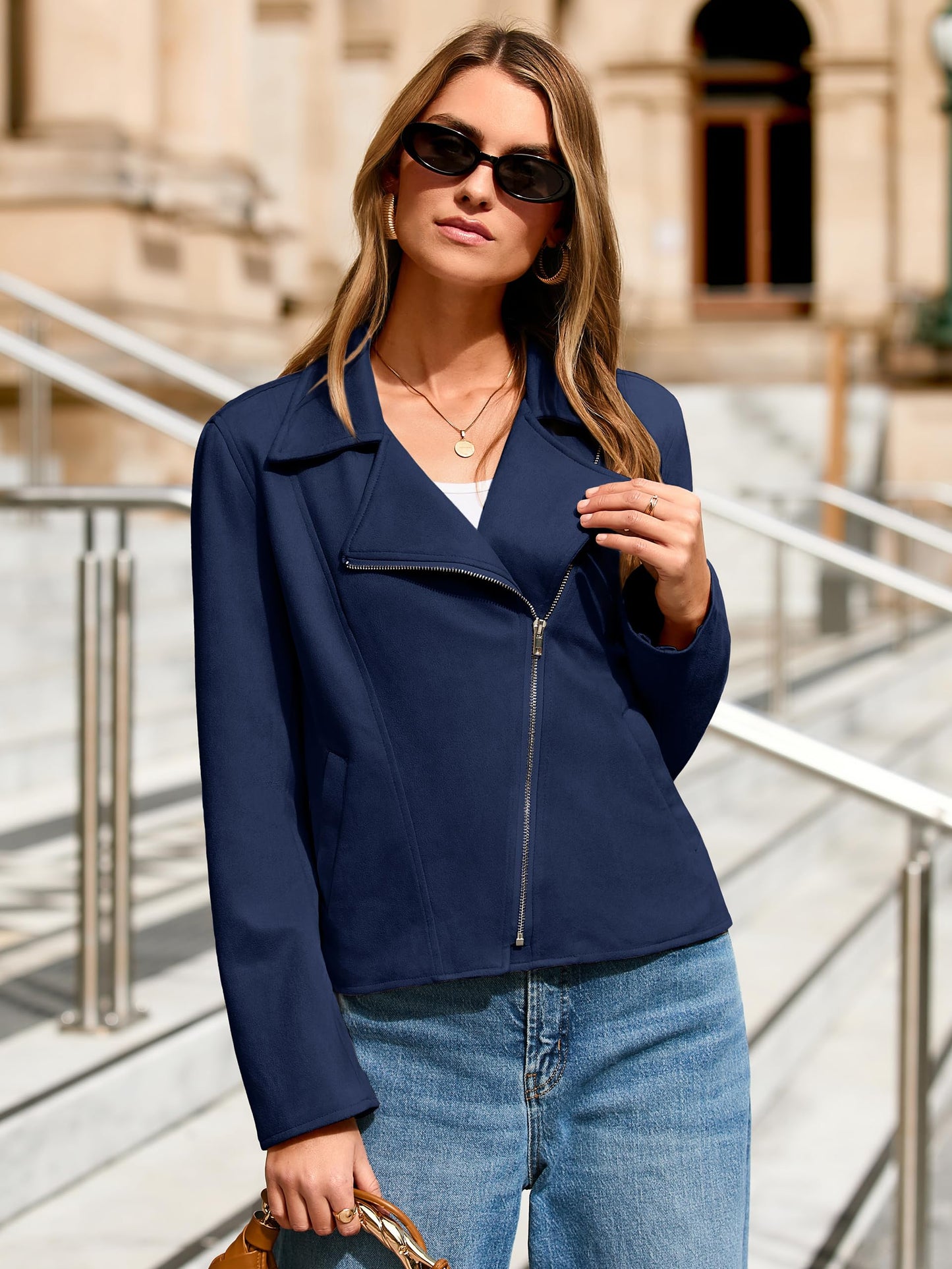 Glamaker Womens Faux Suede Jackets Long Sleeve Casual Cropped Zipper Biker Moto Jacket Fall Winter Outfits(Navy Blue,Large)