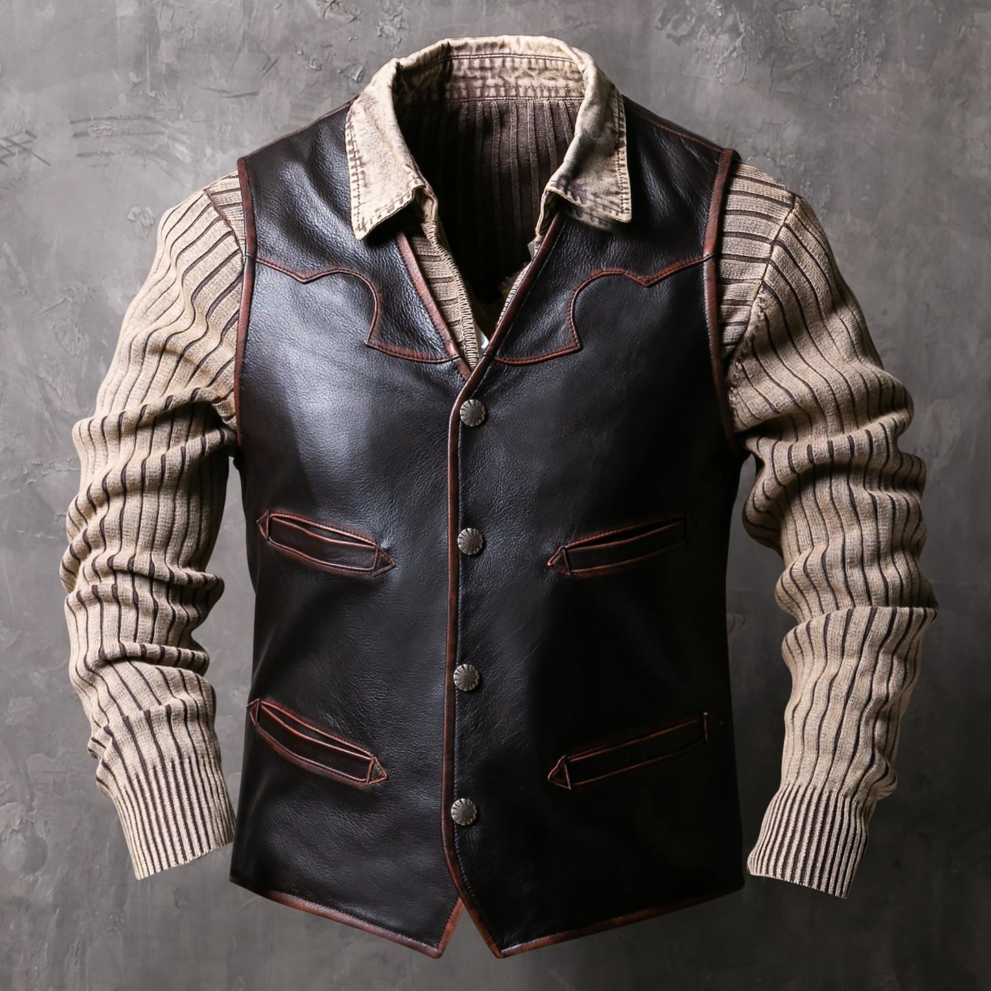 WPKDS Mens Vintage Distressed Premium Cowhide Vest Multi Pocket Leather Motorcycle Jacket for Four Seasons(Brown, Large)