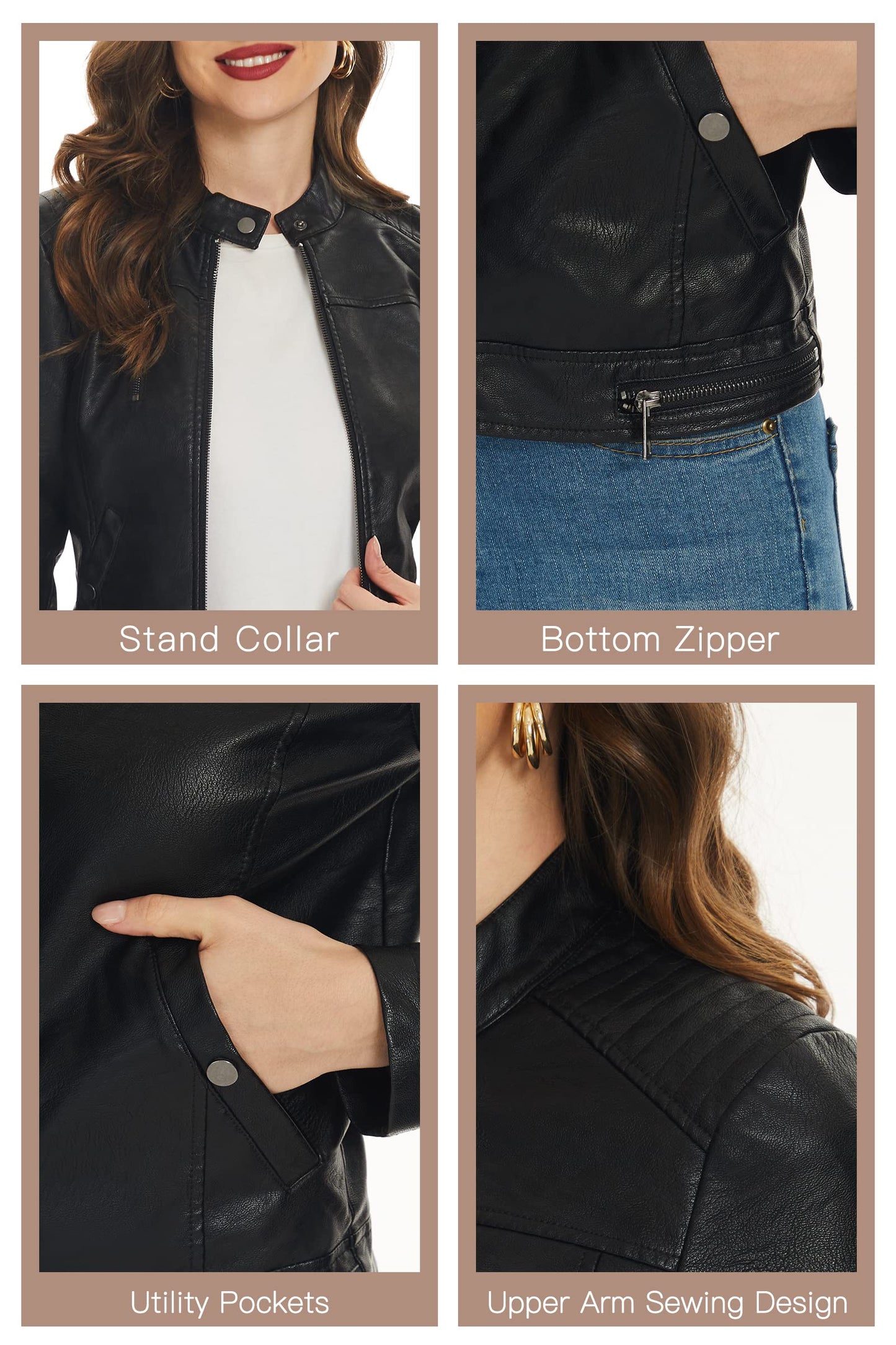 Fahsyee Black Faux Leather Jackets for Women Zip Up Motorcycle Short PU Moto Biker Outwear Fitted Slim Coat Size M