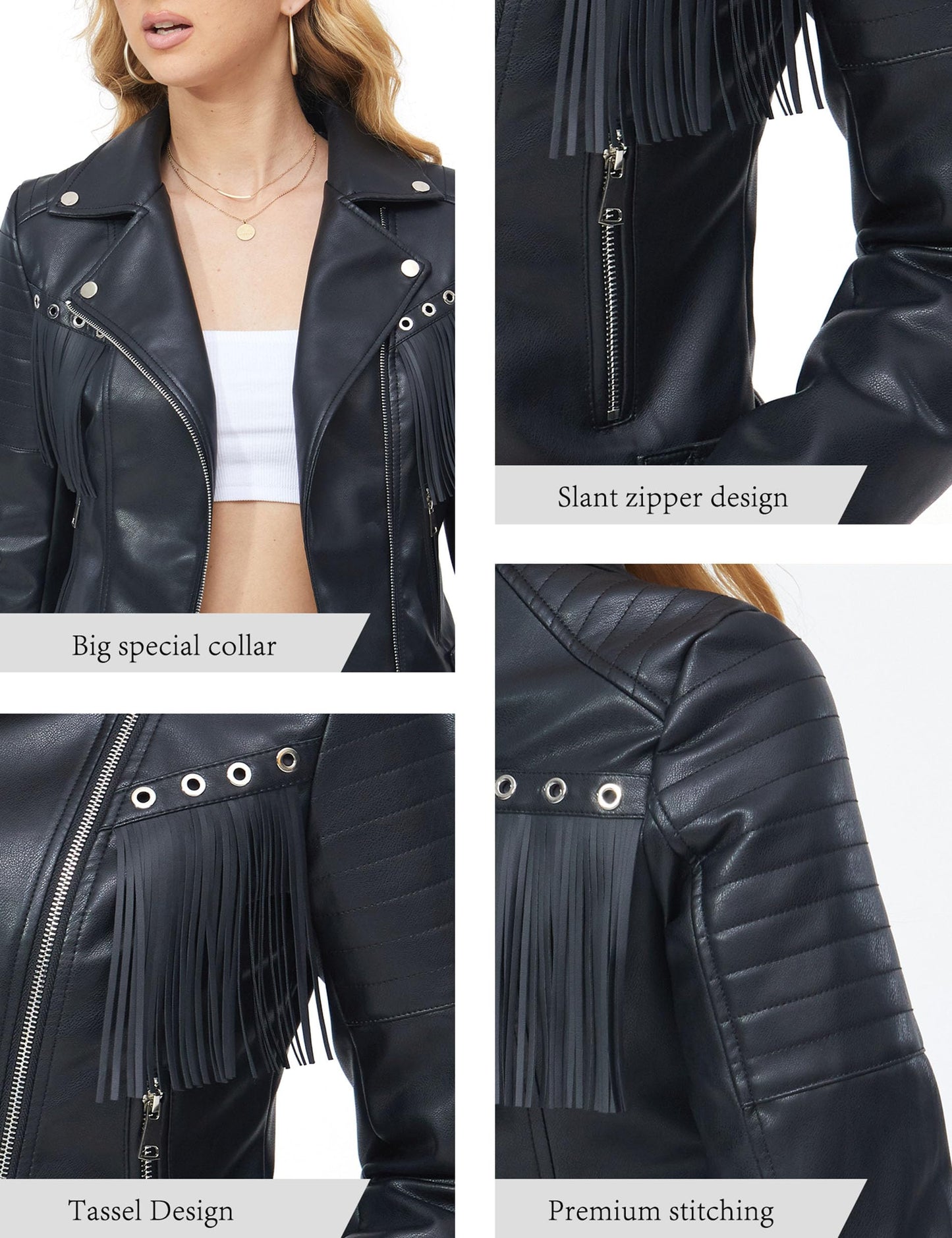 XULIKU Women Faux Leather Jacket, Fall Spring Lapel Short Vegan Zipper Up Fringe Tassel Trim Pleather Coat with Belt,Black,M