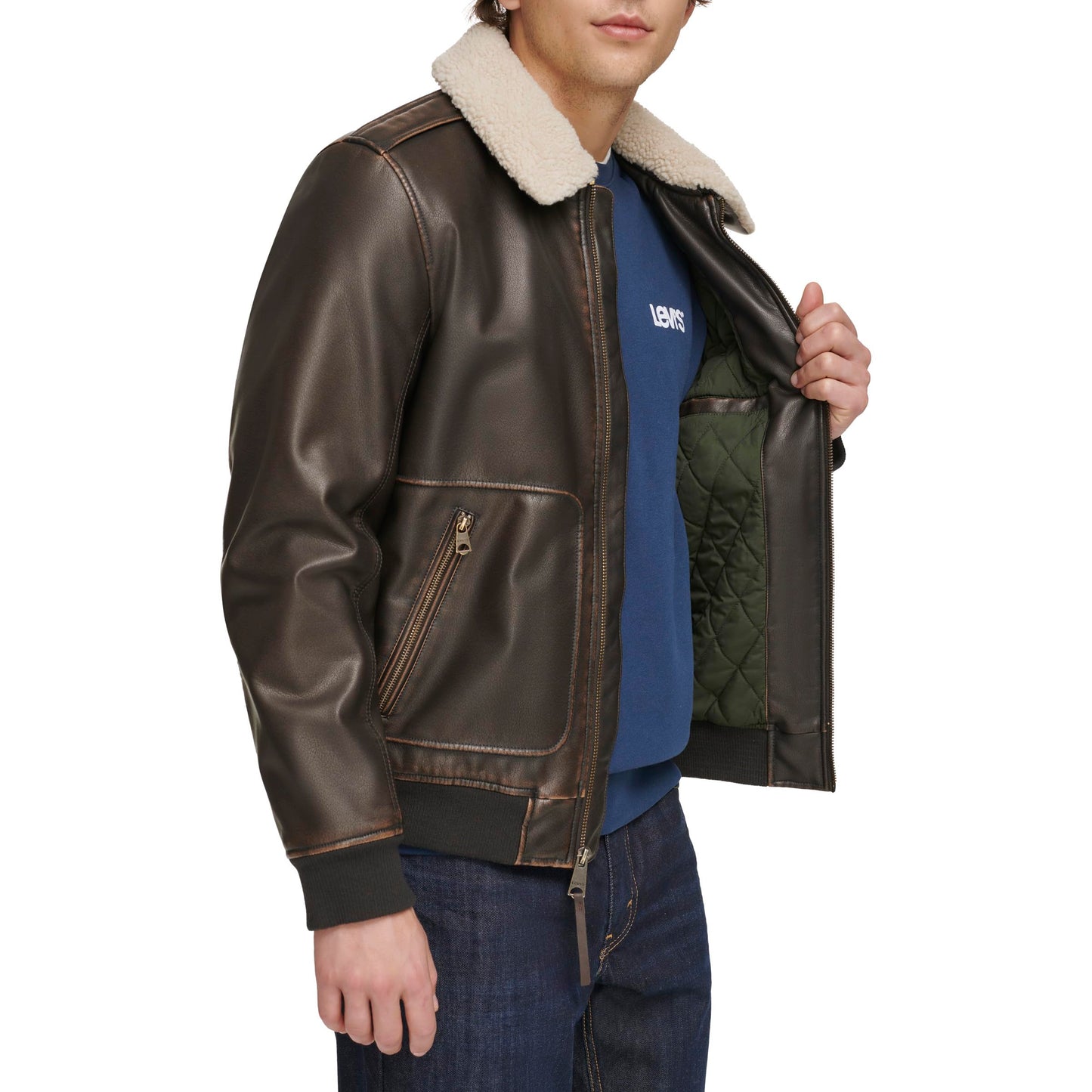 Levi's Men's Faux Leather Aviator Bomber Jacket with Sherpa Collar, Dark Brown Vintage Deer, X-Large