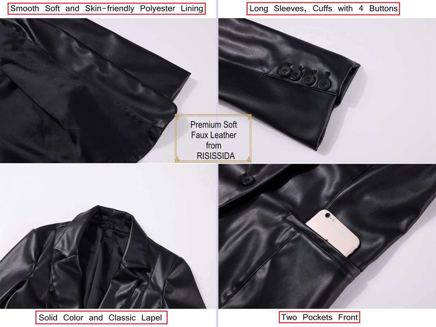 RISISSIDA Women Faux Leather Blazer Jacket,Soft PLeather PU Coat,Black,L