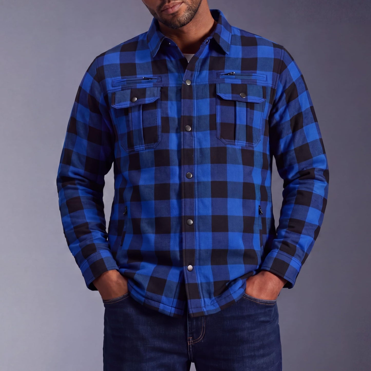 Mens Armored Checkered Flannel Biker Shirt, Multiple Waterproof Storage Pockets CE Approved Armor Reinforced Water Resistant (Blue, M)