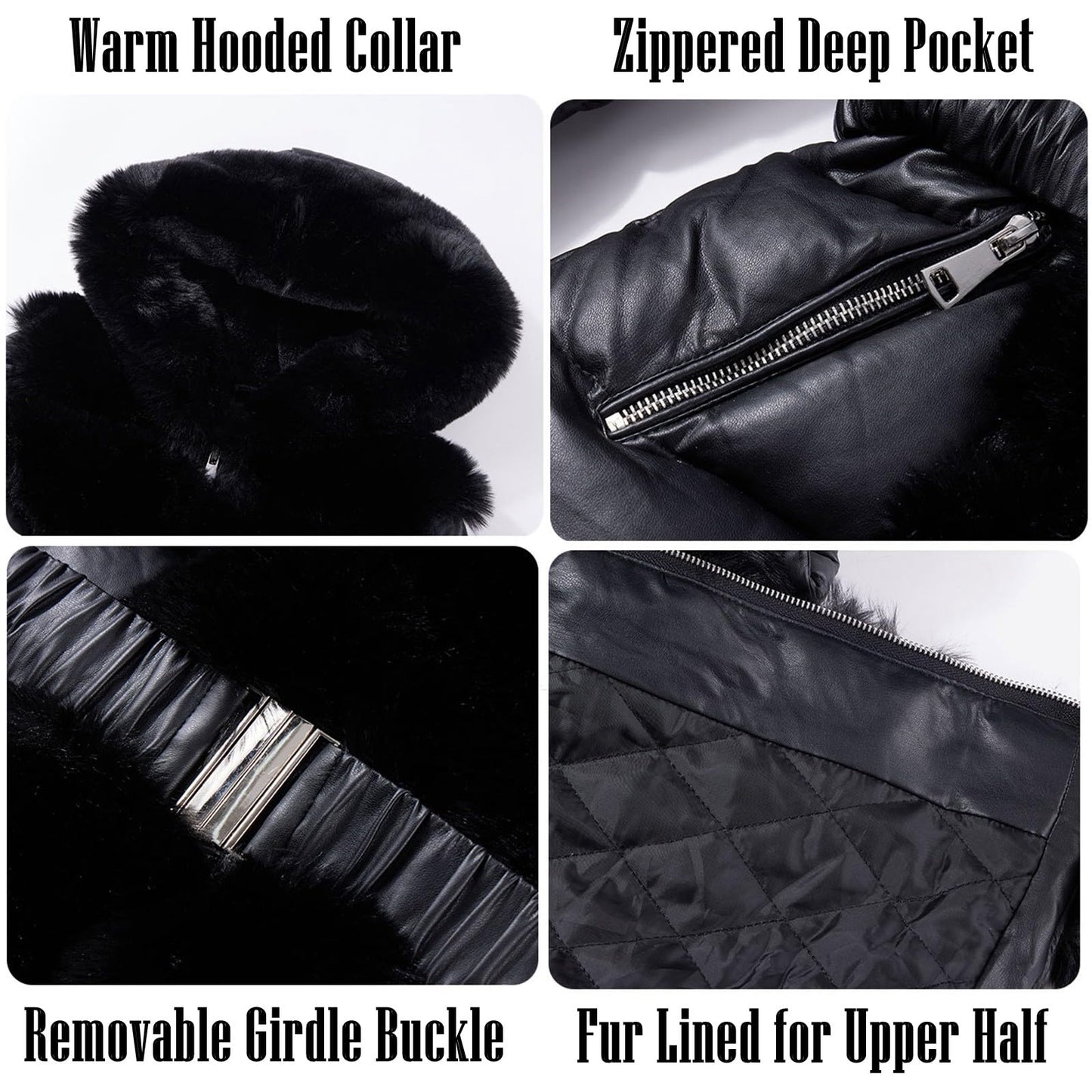 RISISSIDA Puffer Coat Women Winter Down Faux Fur Lined Puffy Jacket with Long Collar Hood, Thicken Quilted Warm Leather Bubble Overcoat Black X-L