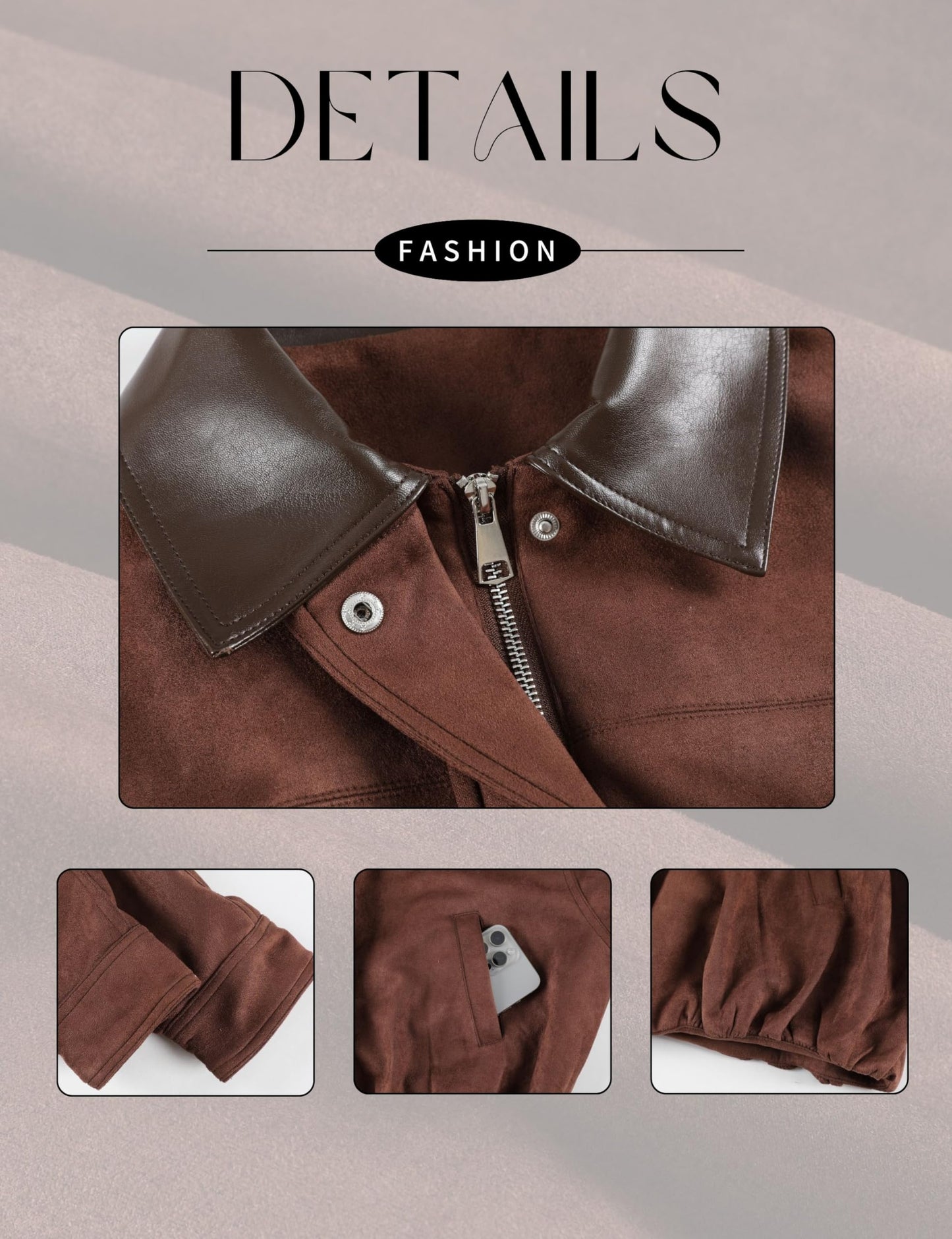 Tanming Womens Faux Suede Jacket Oversized Zip Up Bomber Jacket Lapel Collar Motorcycle Biker Pilot Coat Fall Spring Trendy Outerwear with Pockets(Coffee-L)