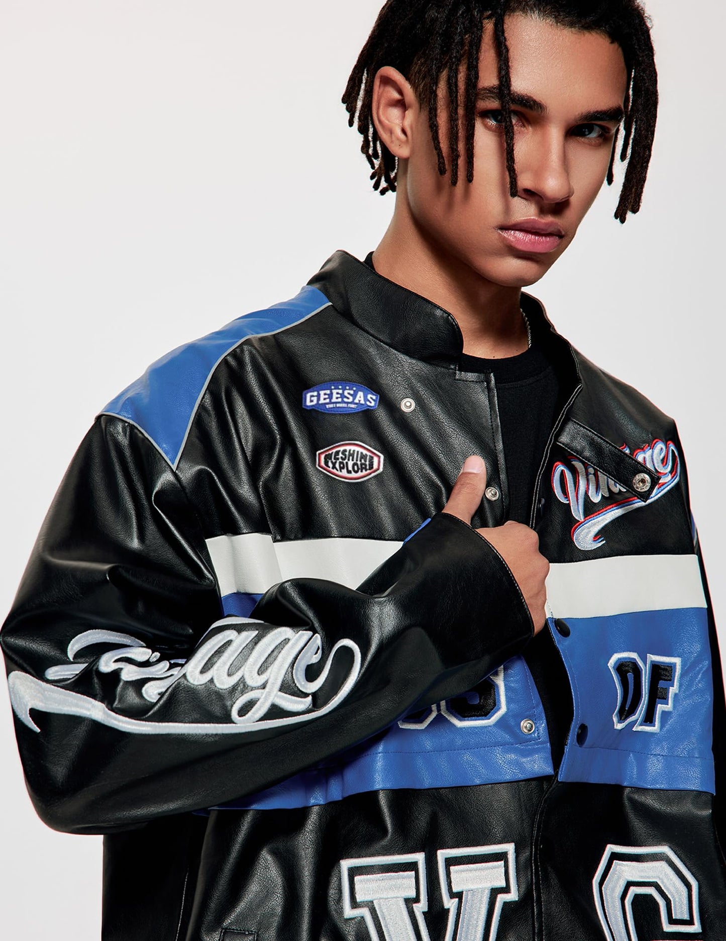 Vamtac Leather Racing Varsity Jackets Oversized Vintage Letterman Racing Bomber Coat Trendy Streetwear Black XL