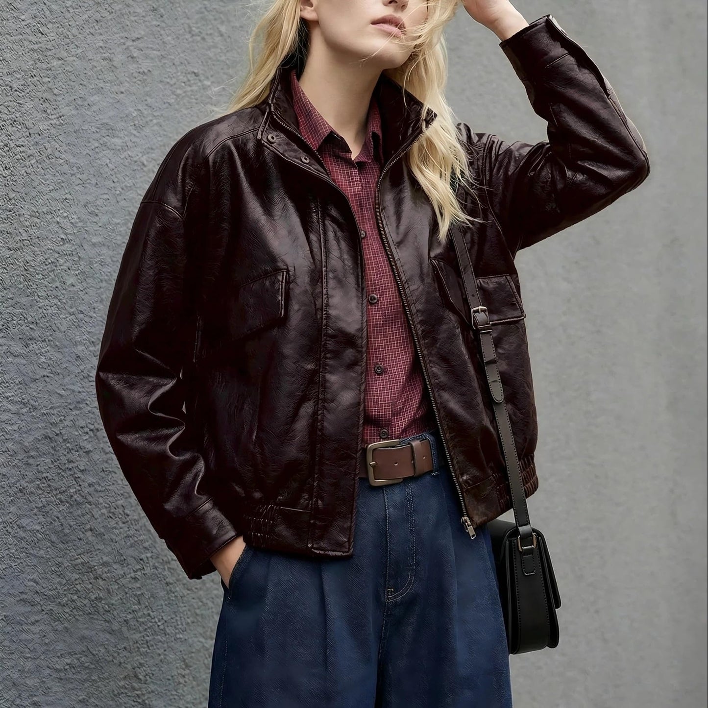 VKXJA Women’s Casual PU Leather Bomber Jacket, Soft Lined Zip-Up Outerwear with Functional Pockets, Trendy Street Style for Fall Winter (US, Alpha, Large, Large, Regular, Regular, Winered)