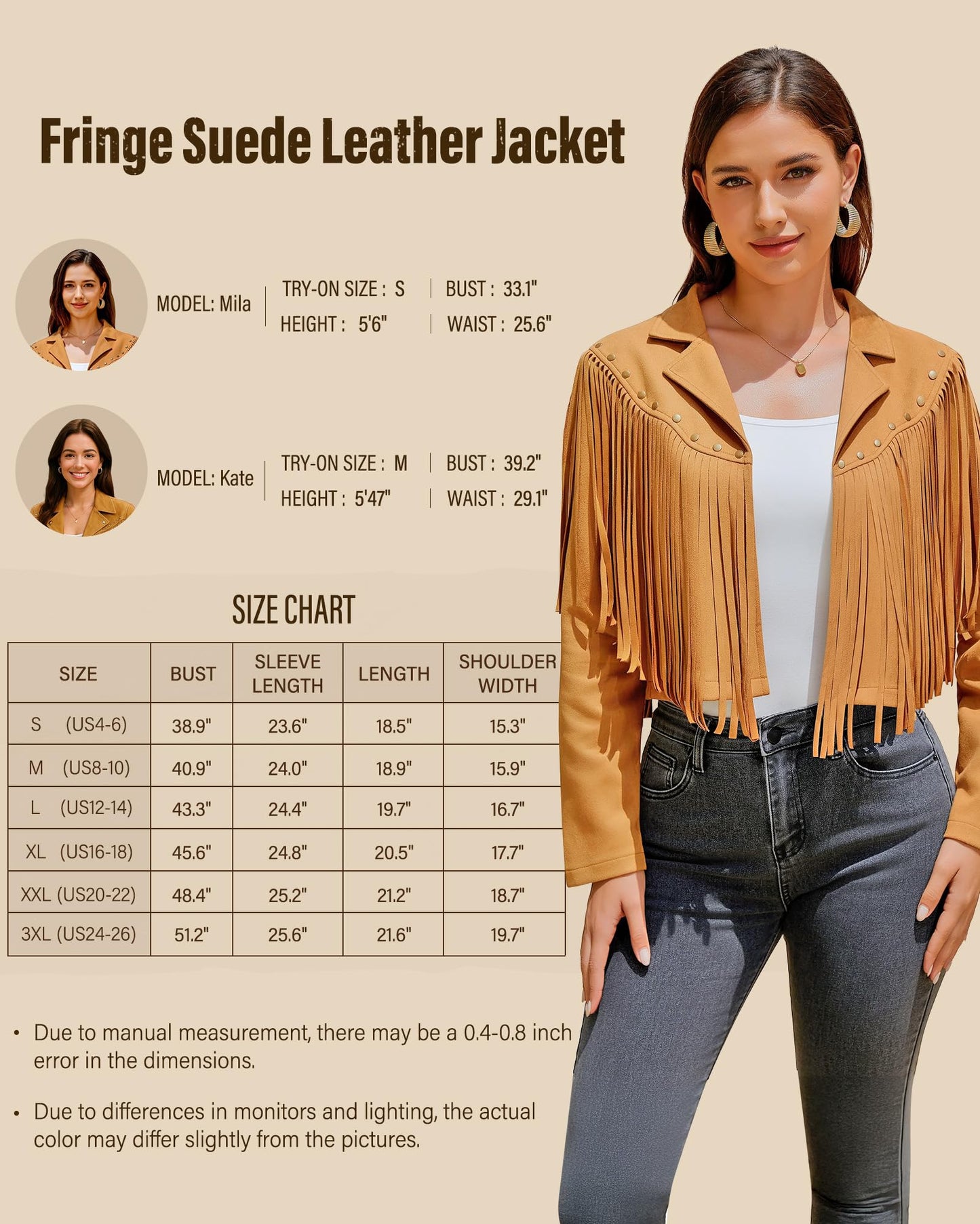 UpFind Women's Fringe Faux Suede Leather Jackets Fashion Fall Western Tassel Motorcycle Cropped Open Front Coats with Rivets, Beige/Medium