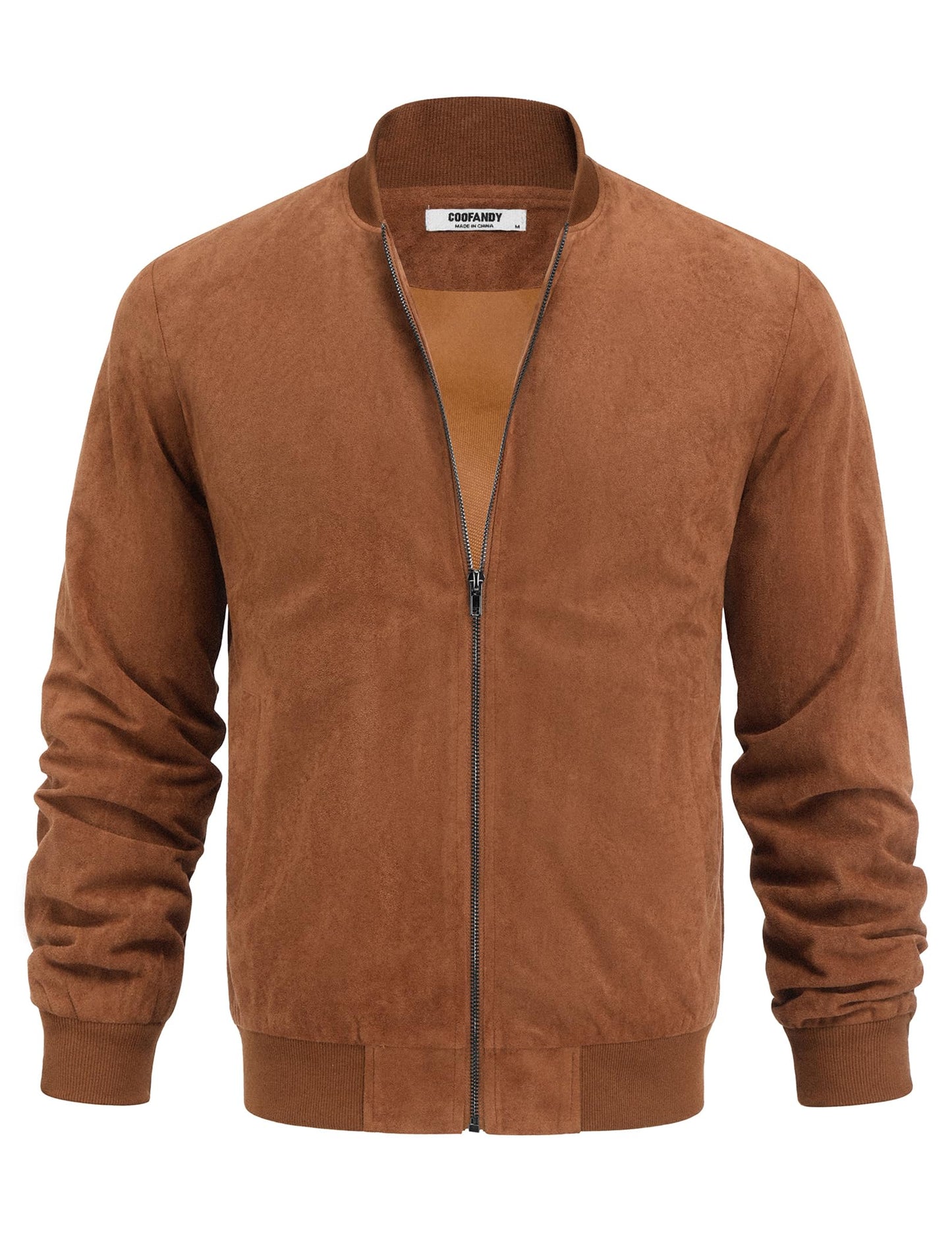 COOFANDY Suede Bomber Jacket Mens Lightweight Jackets Casual Varisty Jacket Zip Up Coat Brown, Large