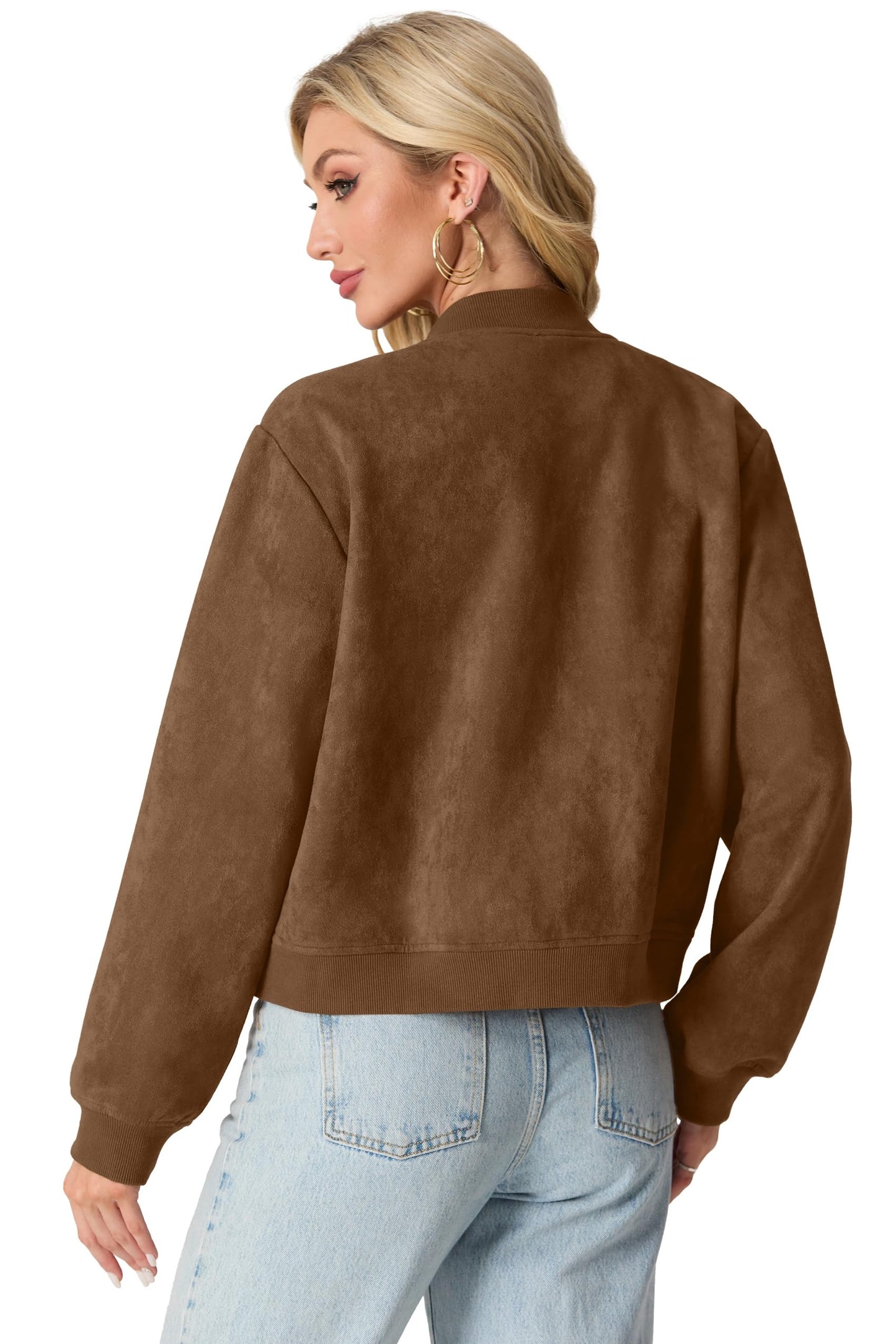 GRECERELLE Womens Bomber Jacket Cropped Button Down Varsity Jacket Long Sleeve Casual Outwear With Pockets (Dark Coffee, Medium)