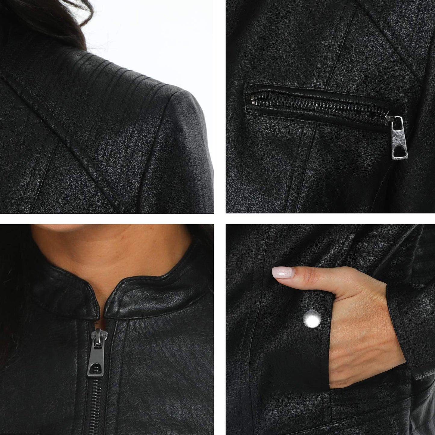 Fahsyee Faux Leather Jacket for Women, Moto Biker Slim Vegan MotorcycleZipper Coat Outwear, Black, Size XL