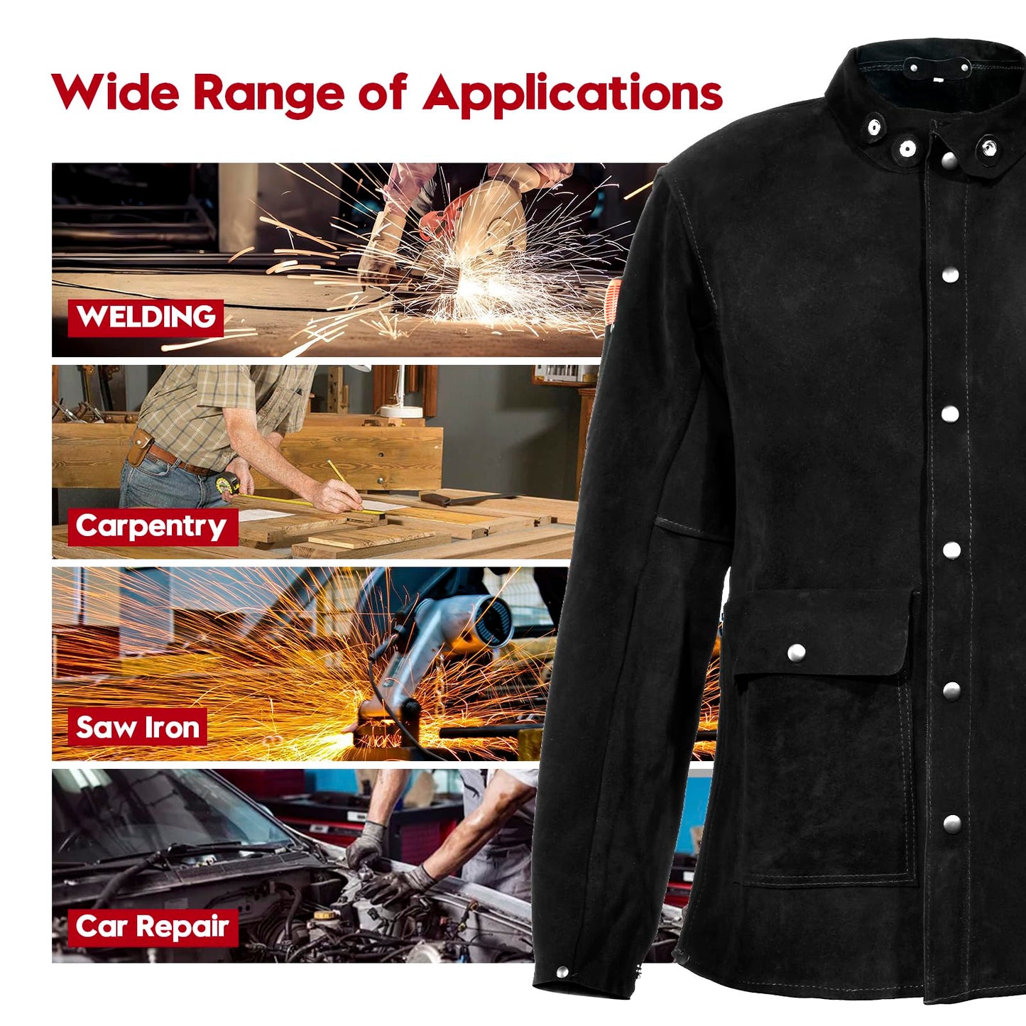 QeeLink Leather Welding Jacket - Heat & Flame-Resistant Heavy Duty Split Cowhide Leather FR Work Safety Jacket, Large, Black