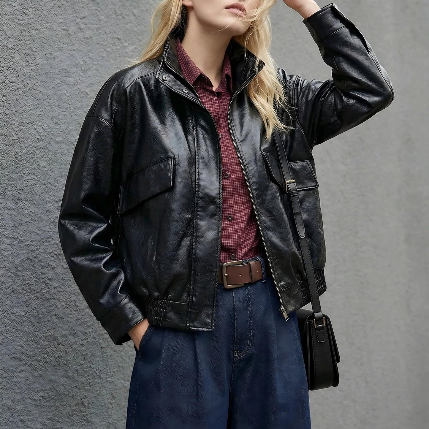 VKXJA Women’s Casual PU Leather Bomber Jacket, Soft Lined Zip-Up Outerwear with Functional Pockets, Trendy Street Style for Fall Winter (US, Alpha, Large, Large, Regular, Regular, Black)