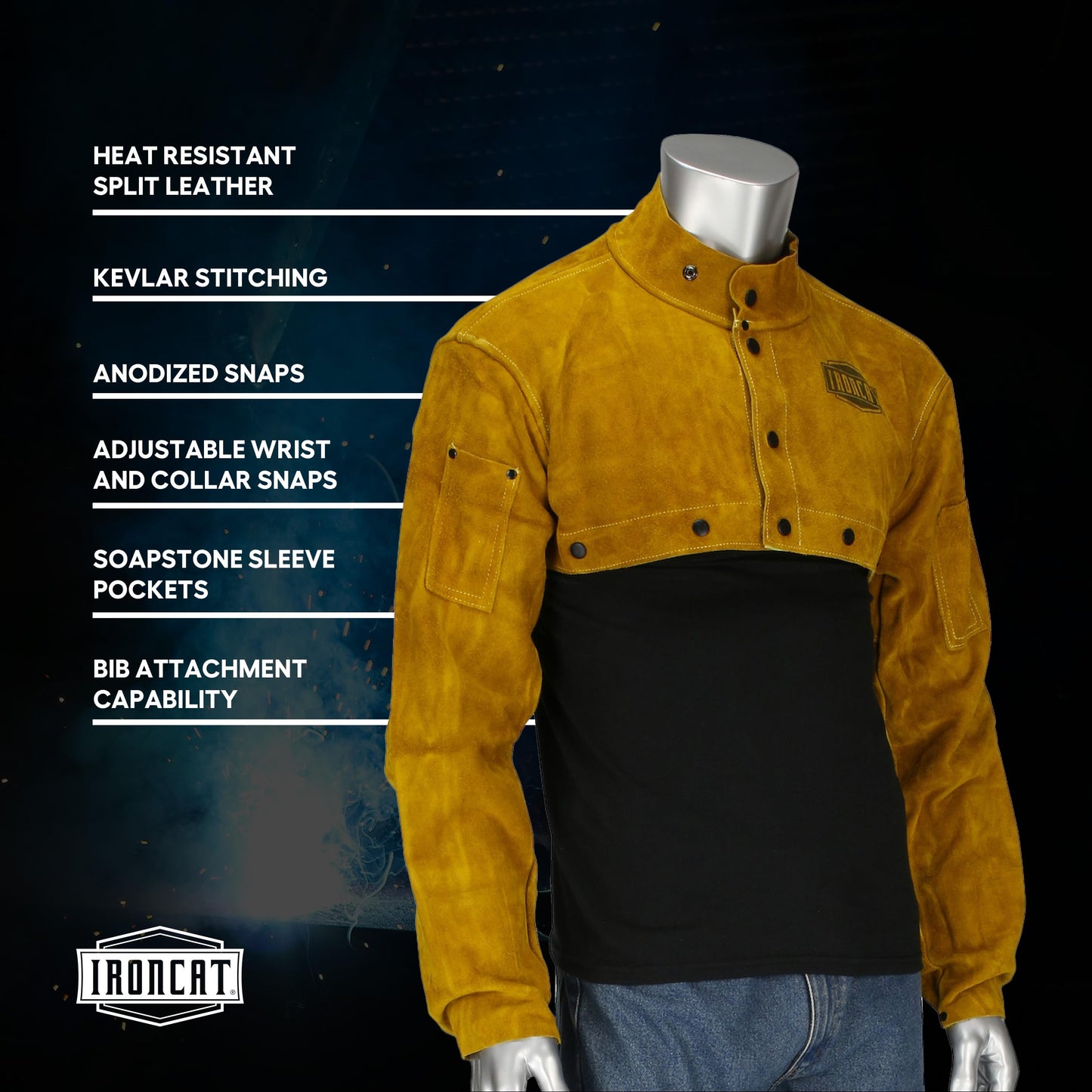 IRONCAT 7000 Cowhide Leather Welding Cape Sleeve - Golden Yellow, Large Size Cape Jacket with Heat Resistance. Welding Gears