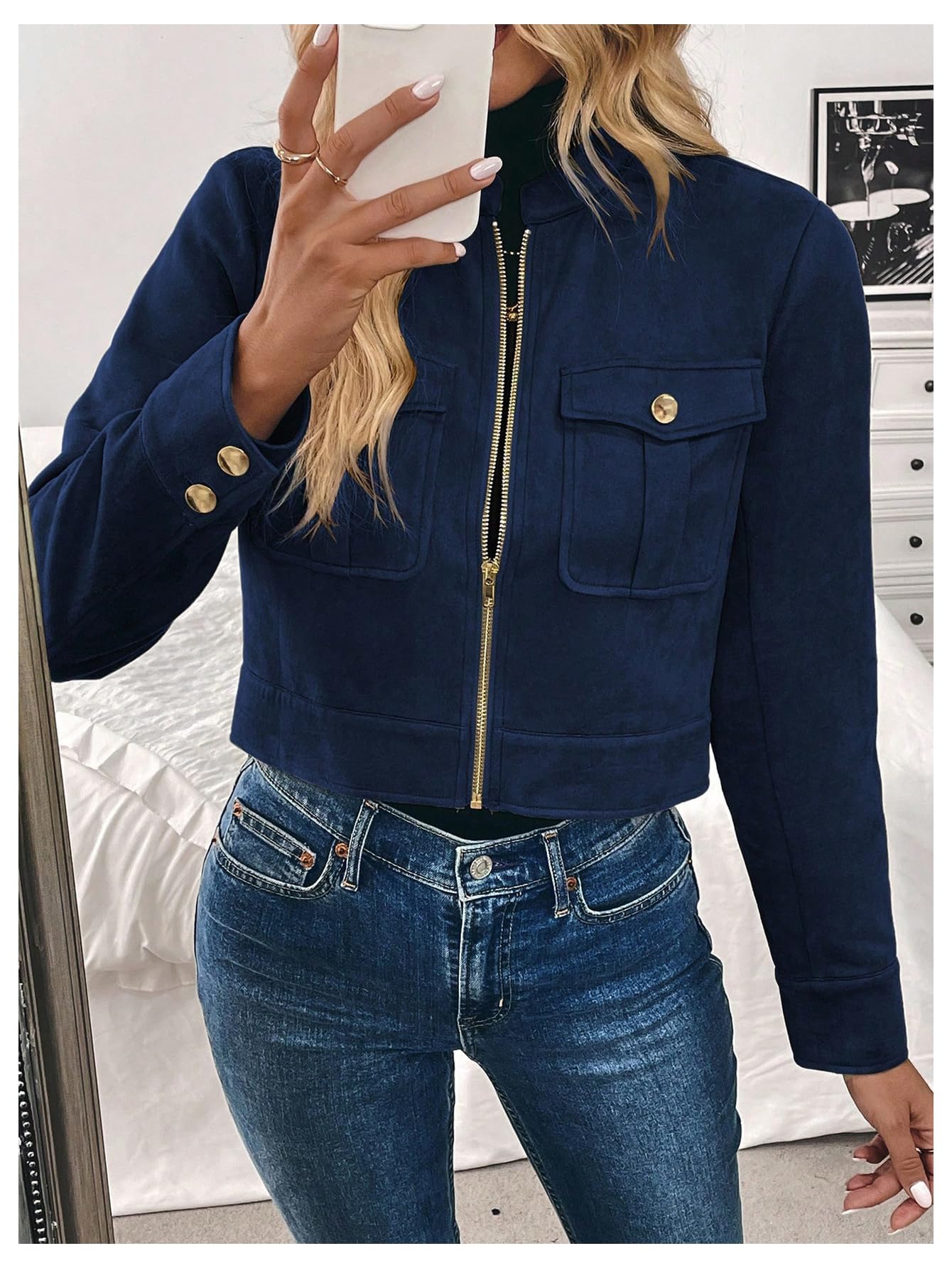 Verdusa Women's Zip Up Crop Spring Jackets Faux Suede Long Sleeve Motorcycle Cargo Jacket with Pockets Dark Blue Large