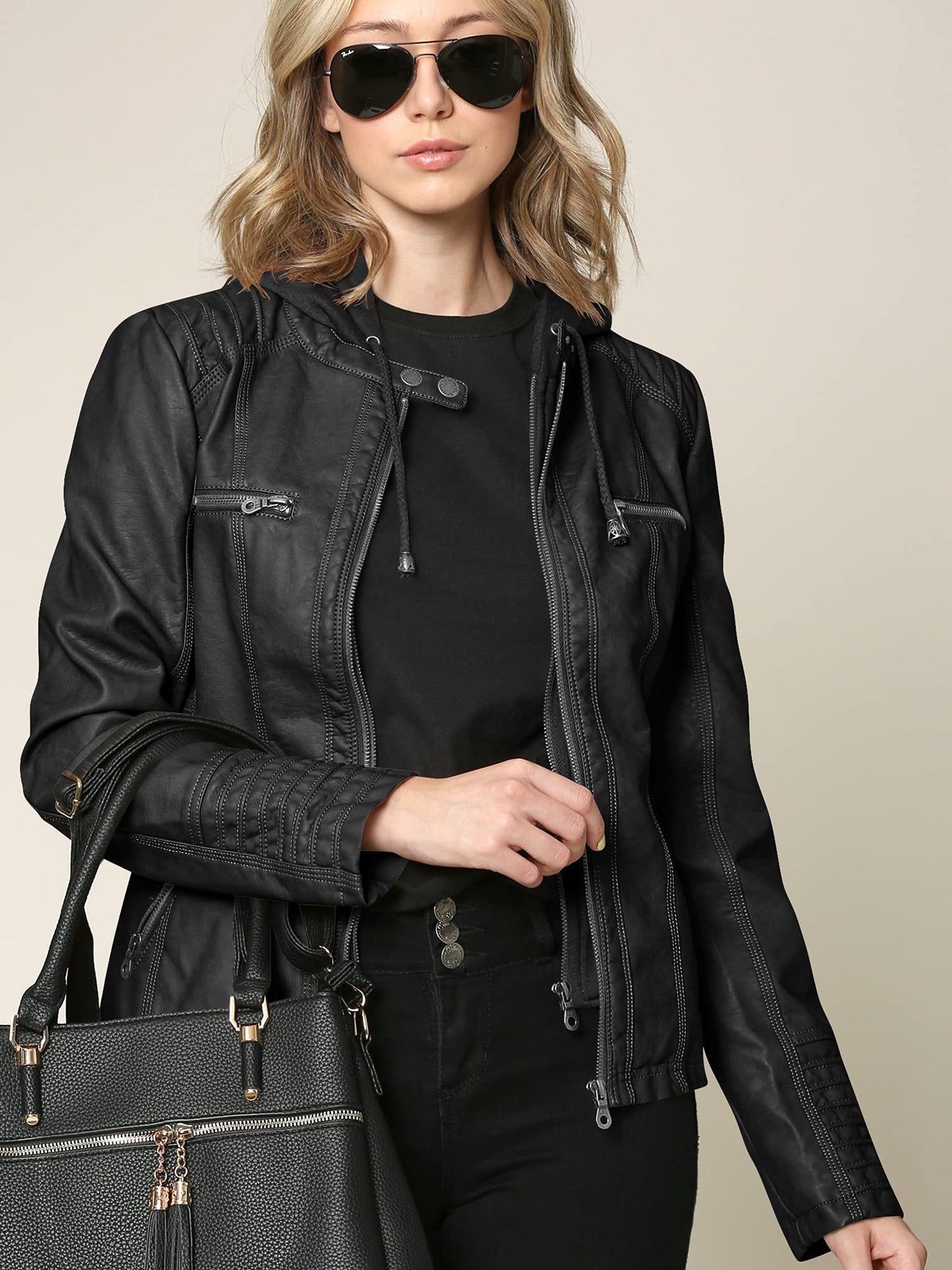 LL WJC663 Women’s Faux Leather Moto Biker Jacket with Removable Hood – Lightweight Zip-Up Coat with Pockets for Fall and Winter M Black