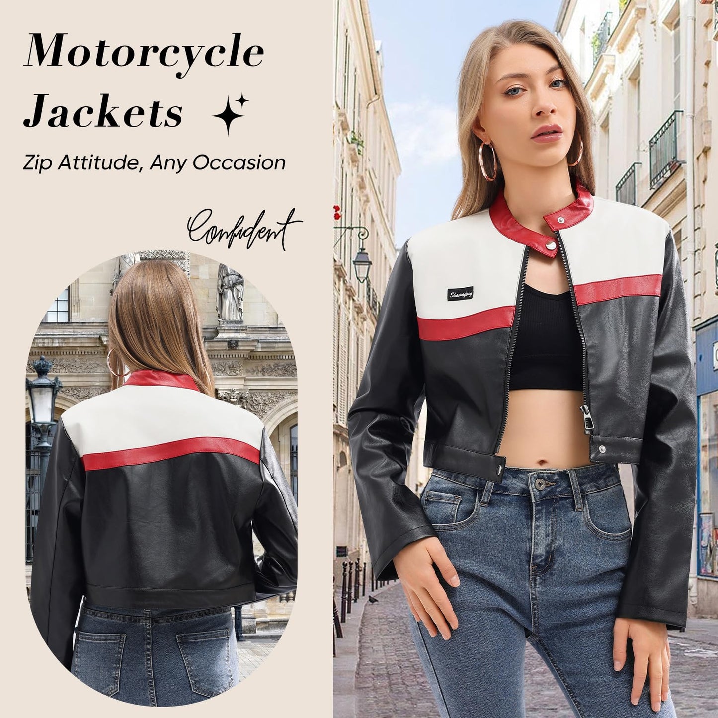 shamofeng Women Cropped Faux Leather Jacket Moto Biker Bomber Jackets Zip Up Motorcycle Coats