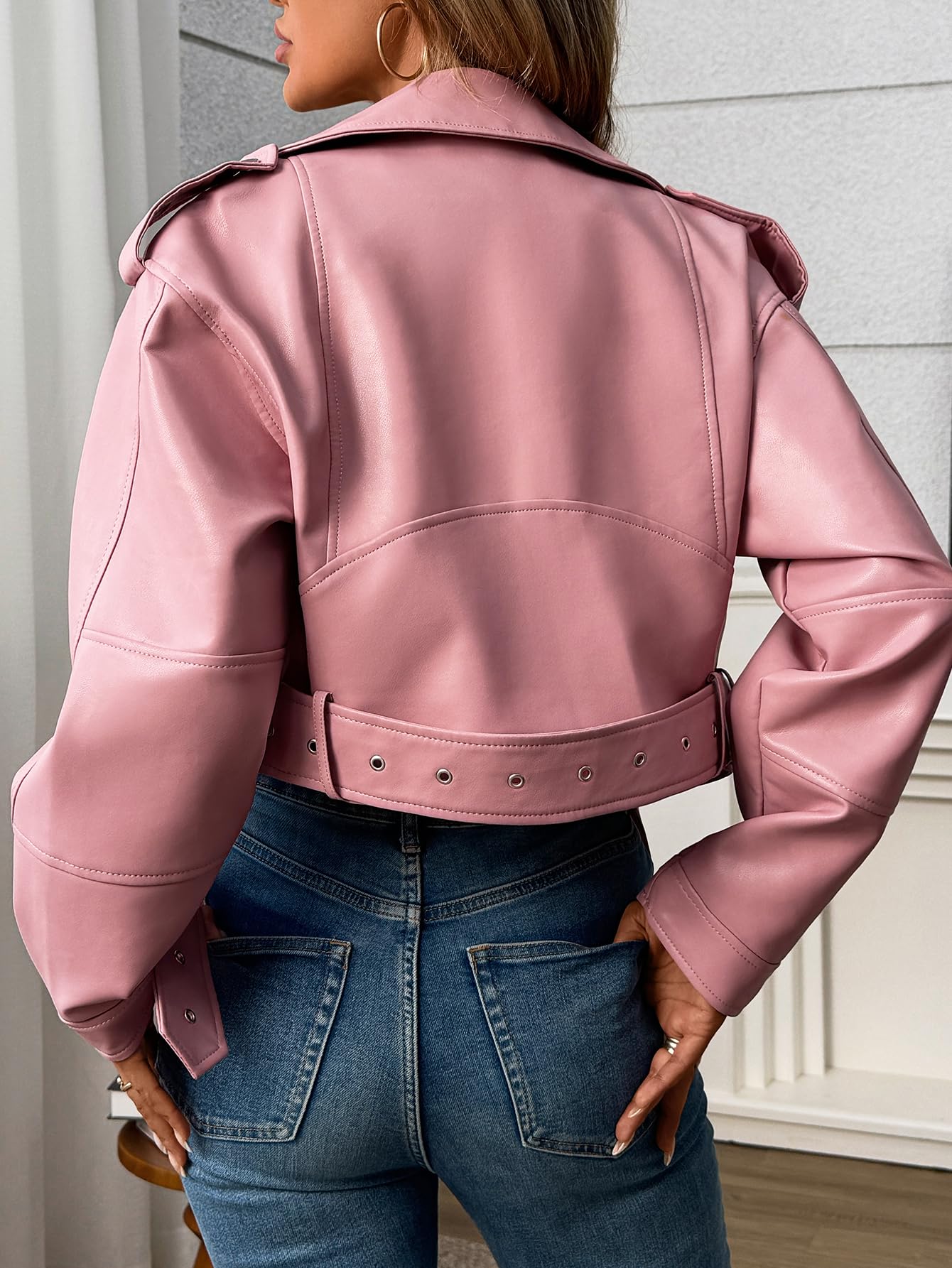LY VAREY LIN Women Faux Leather Cropped Jacket Vegan Motor Biker Coat with Belt