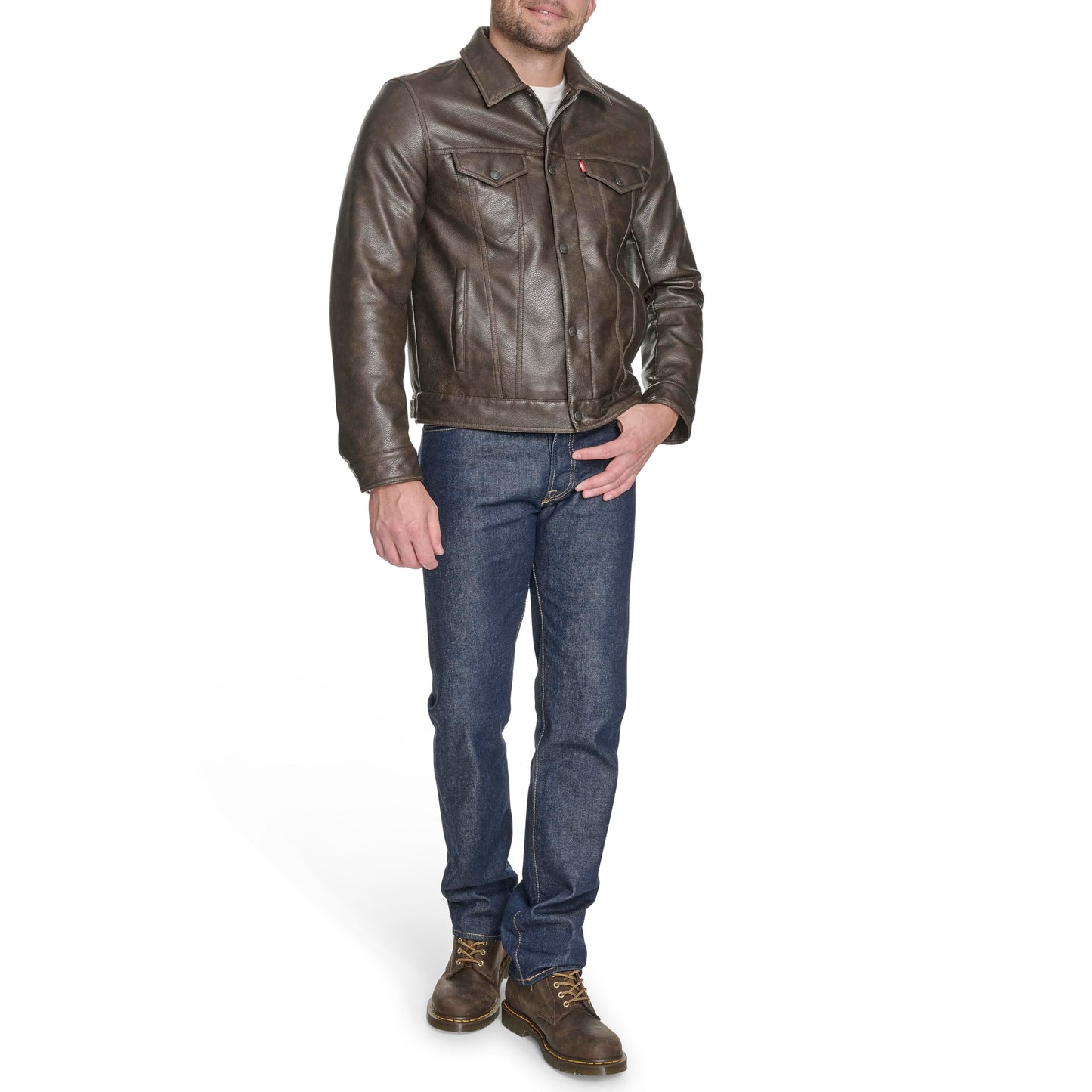 Levi's Men's Faux Leather Classic Trucker Jacket, Grainy Cow Brown, Large