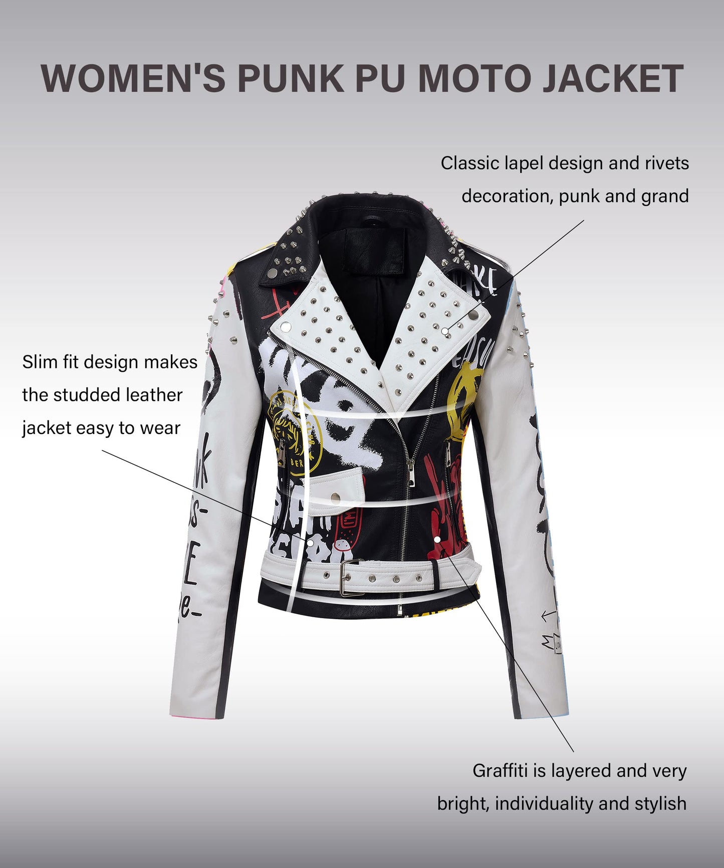 RISISSIDA Studded Leather Jacket Women Moto Motorcycle Faux Leather Short Coat Black-white 0477 S