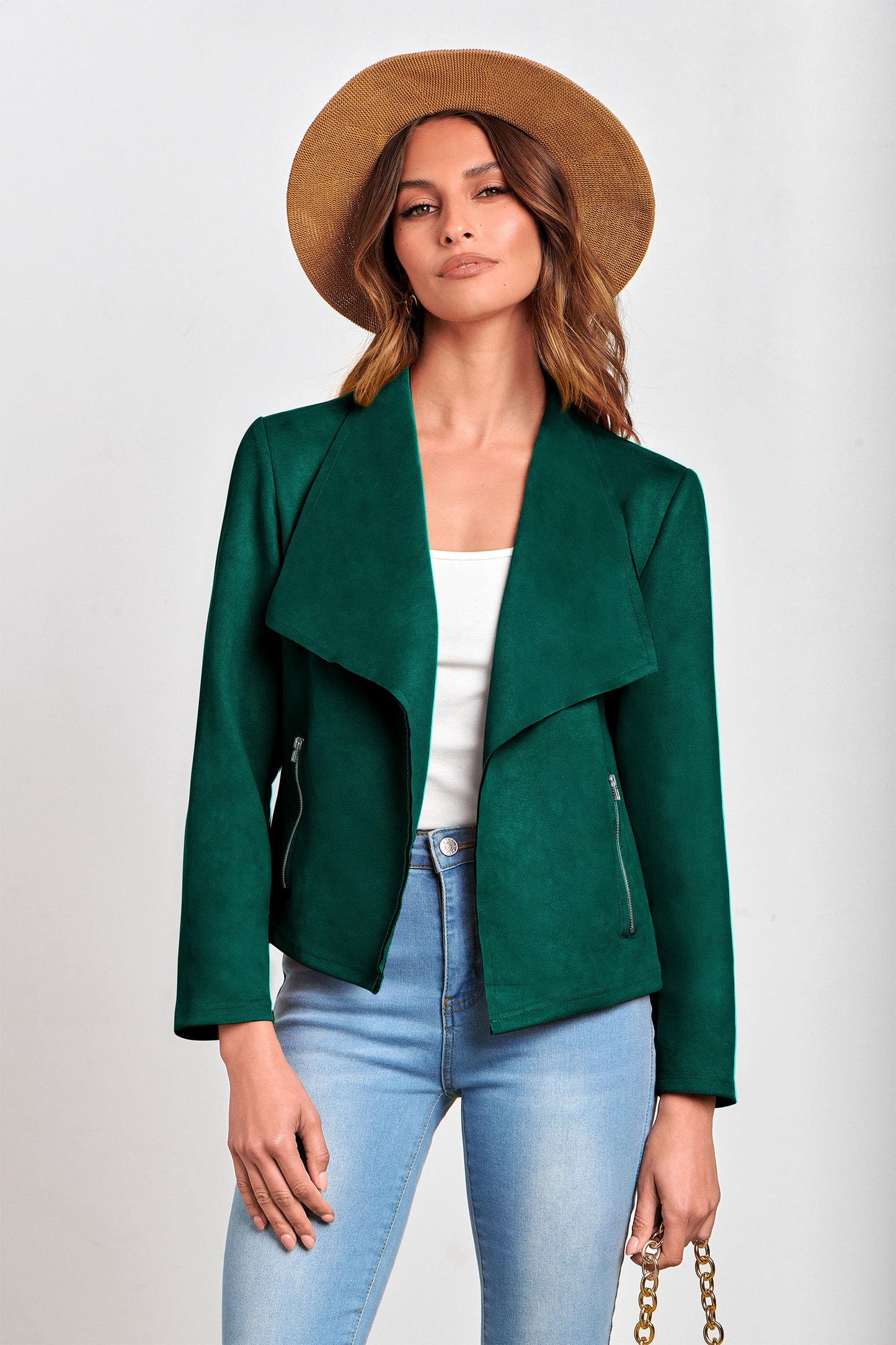 PRETTYGARDEN Women's Faux Suede Jackets 2026 Fashion Fall Clothes Long Sleeve Open Front Cropped Coat Outwear (Dark Green,Large)