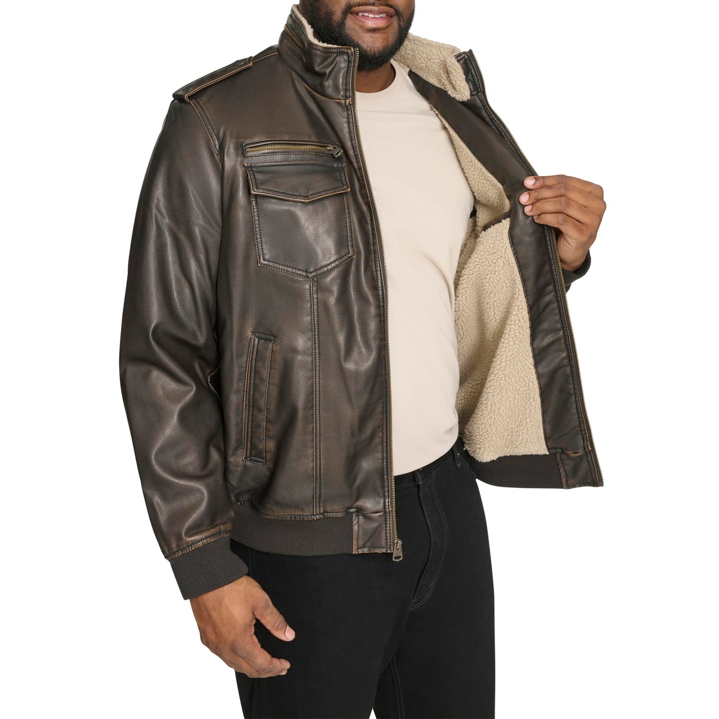 Levi's Men's Faux Leather Aviator Bomber Jacket (Regular & Big & Tall Sizes), Dark Brown/Sherpa Lined, 6X