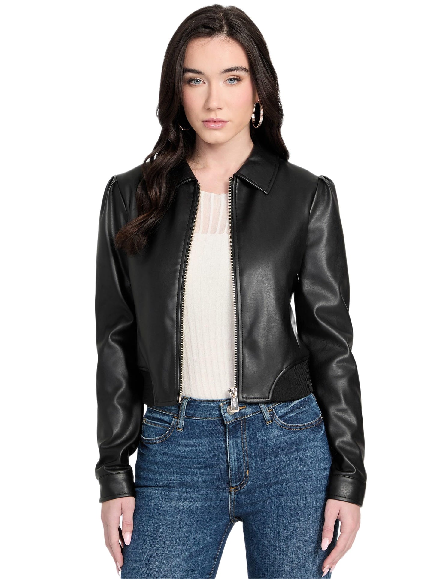 Guess Womens Fancy Zipped Faux Leather Biker Jacket, Jet Black, Extra Small