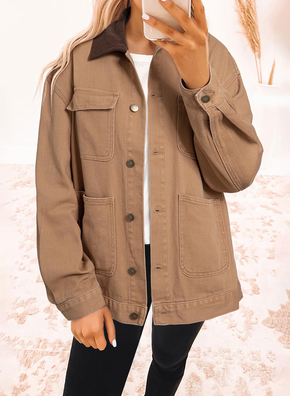 Dokotoo Denim Jacket For Women Casual Trucker Jean Barn Jackets For Women Basic Long Sleeve Denim Jackets Trendy Winter Clothing Barn Coat With Color Block Collar Brown XL