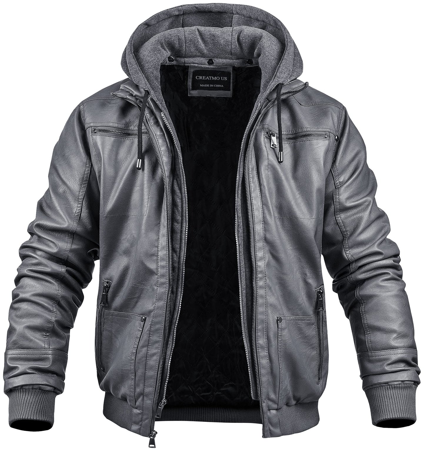 CREATMO US Mens Leather Jacket Faux Leather Motorcycle Jacket with Removable Hood Grey S