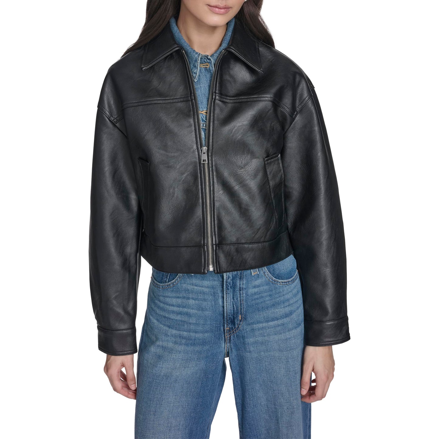 Levi's Women's Relaxed Fit Zip Front Jacket, Black Faux Leather, Large