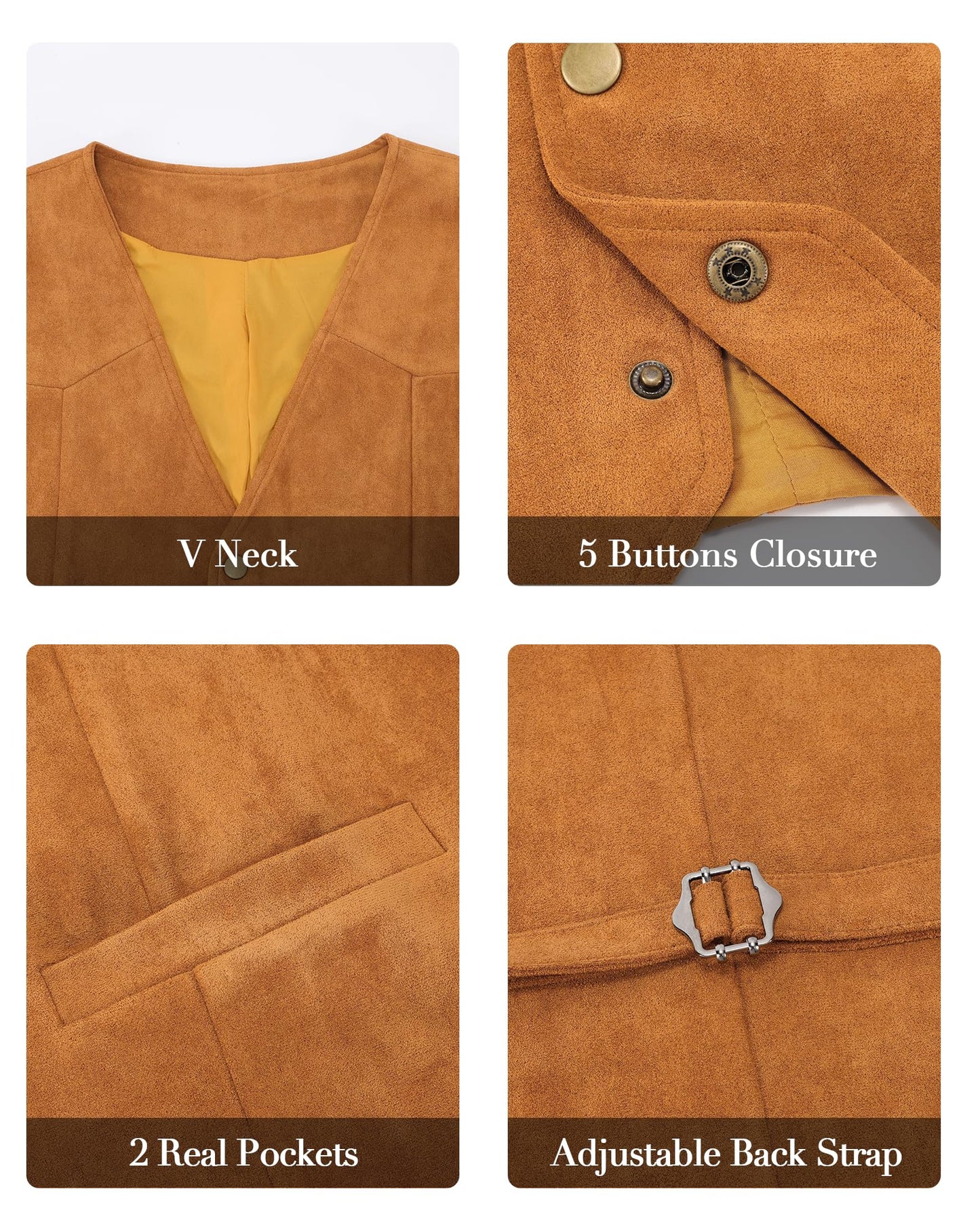 UpFind Men's Suede Leather Suit Vest V Neck Artificial Retro 5 Button Regular Vest Cowboy Style Sleeveless Jacket
