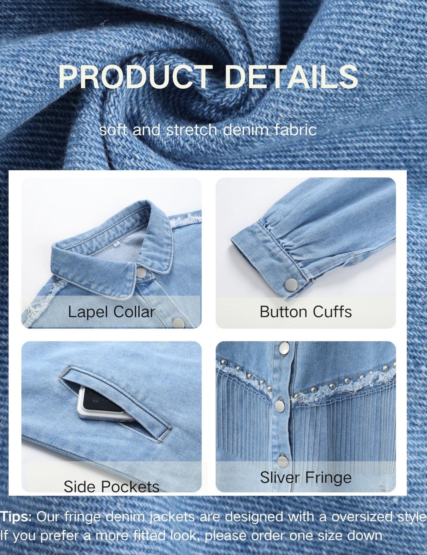 Daacee Casual Frayed Tassel Black Denim Jacket for Women Fashion Fringe Rhinestone Cowgirl Jean Coats(0191-Blue-3XL)