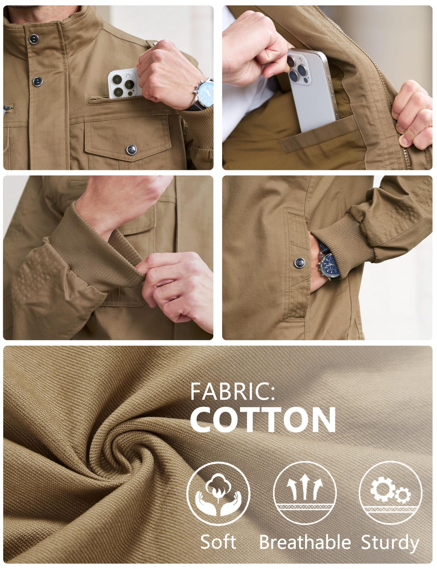 EKLENTSON Bomber Jacket for Men Military Fall Lightweight Windbreaker Flying Cargo Jacket Khaki M
