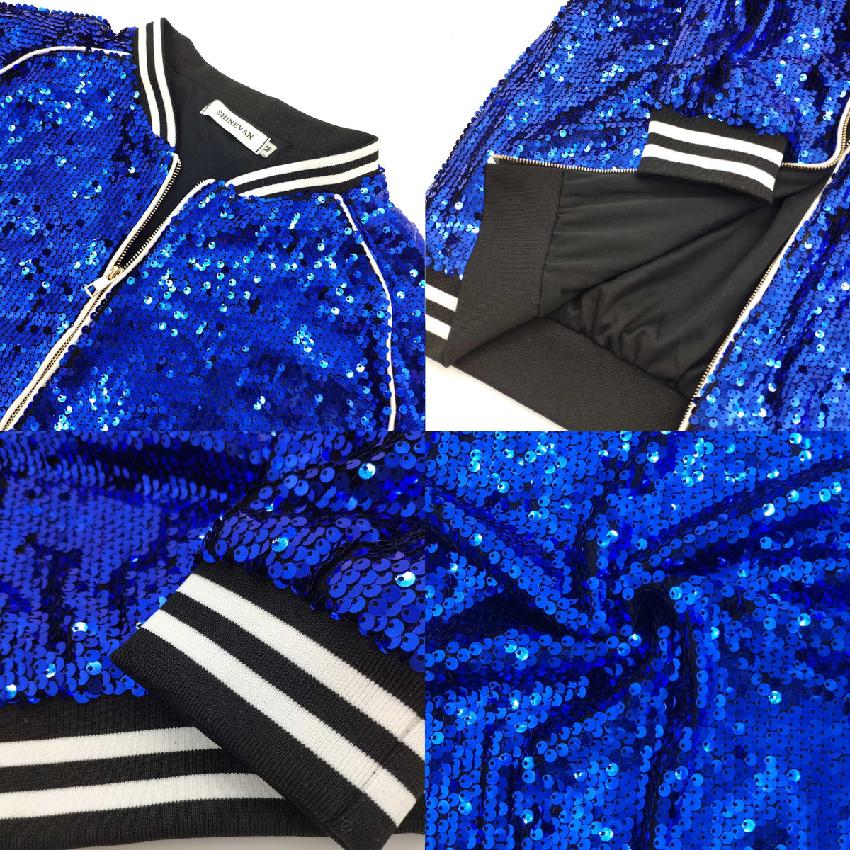 SHINEVAN Zip Up Sequin Bomber Jacket Lightweight Coat Daily Party Royal Blue Medium
