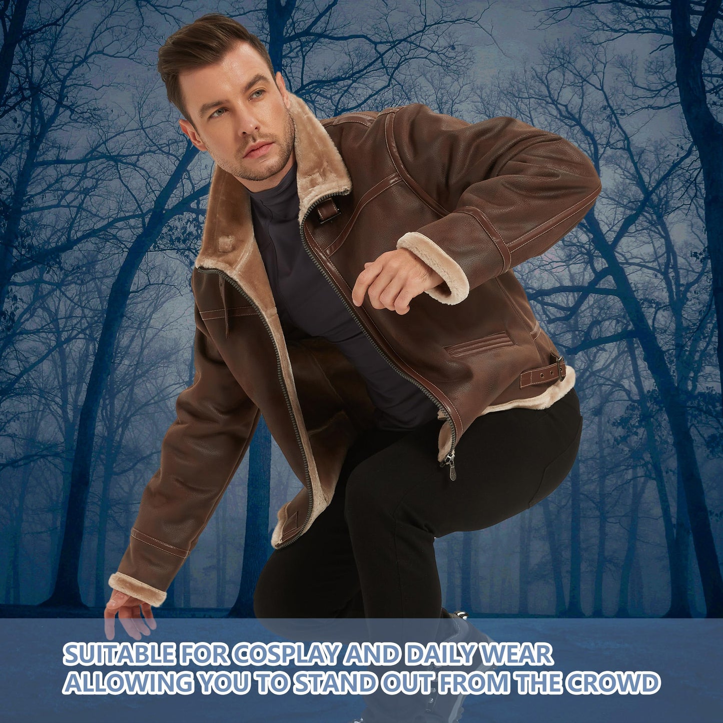 Mifidy Leather Bomber Jacket Men, Fur Shearling Outdoor Classic Brown Aviator Flight Leon Cosplay Coat Motorcycle Jacket Daily Wear Hiking Gift Small