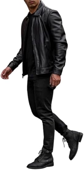 Desired Jackets Mens Shirt Collar Genuine Real Lambskin Leather Jacket For Men Vintage Classic Biker Style with Zip Out Liner (US, Alpha, XX-Large, Regular, Regular, Black)