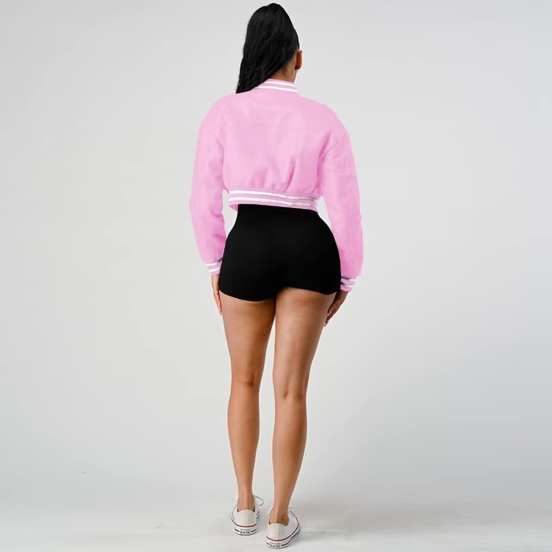 Faux Leather Jacket Women Vintage Long Sleeve Button Down Baseball Coats Open Front Cropped Bomber Jacket Streetwear Pink M