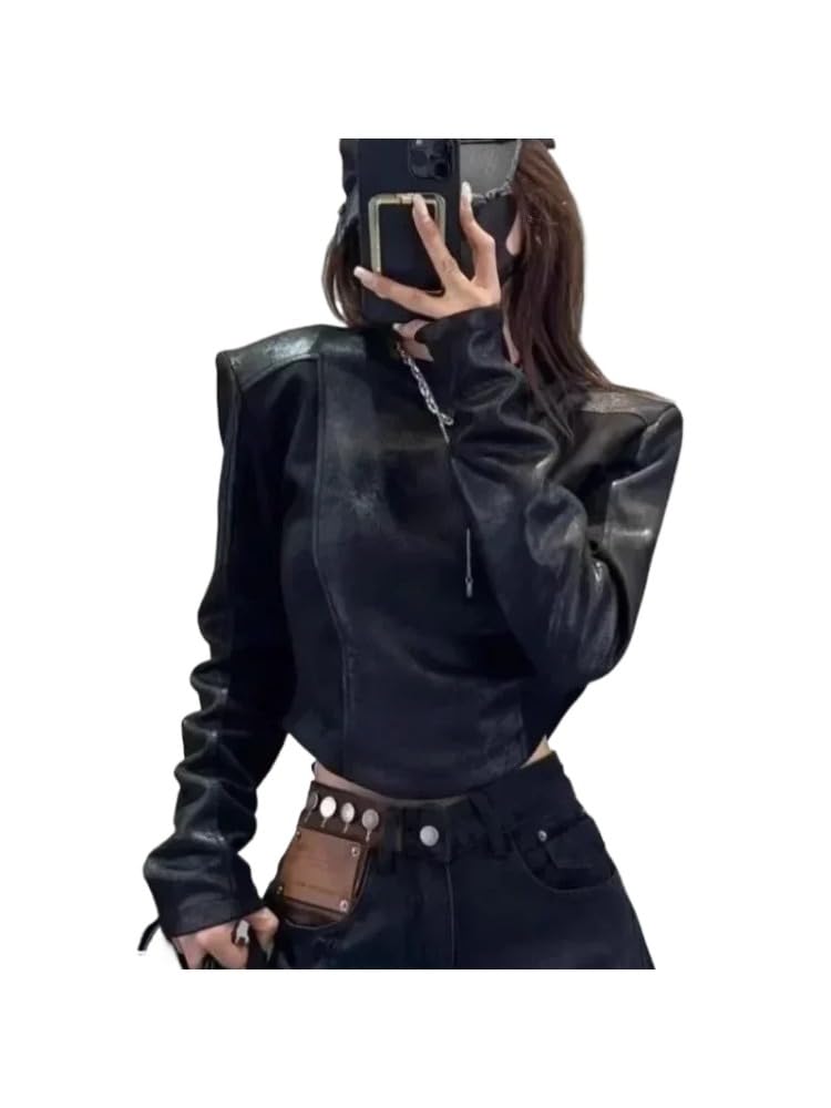 Y2K Retro Style Leather Jacket Long Sleeved T-Shirt Women's Fashion Patchwork Design Sense Short top (Black,Small)