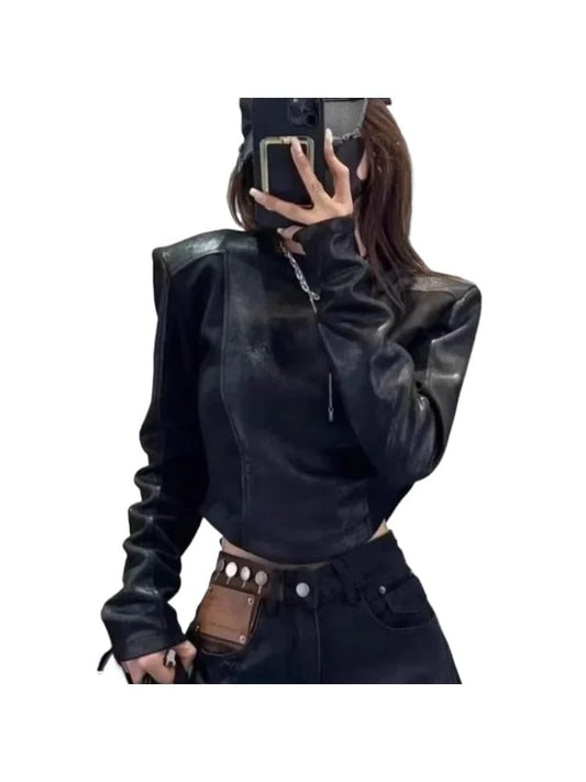 Y2K Retro Style Leather Jacket Long Sleeved T-Shirt Women's Fashion Patchwork Design Sense Short top (Black,Small)
