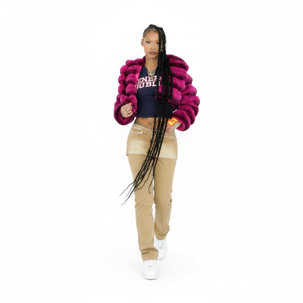 DLNYC - Luxury Chinchilla Faux Fur Jacket for Women, Cropped Puffer Style, Puffer Style, Women's Winter Outerwear (US, Alpha, Medium, Regular, Regular, Pink)