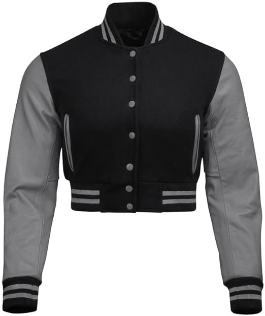 Cropped Varsity Jacket Women – Letterman Jacket Woman with 100% Cowhide Leather Sleeves & Wool Body – Baseball Jacket for Woman – Button Closure