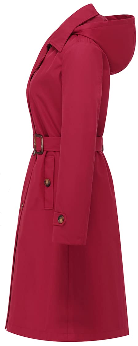 Chrisuno Mid Length Double Breasted Coat Women Lined Trench Coats for Waterproof Hooded Red M