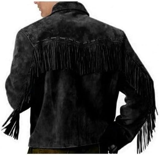 Mens Fringe Jacket - Western Cowboy Brown Faux Suede Leather Fringed Jacket with Fringes (US, Alpha, X-Large, Regular, Regular, Mens Black Fringe Jacket)