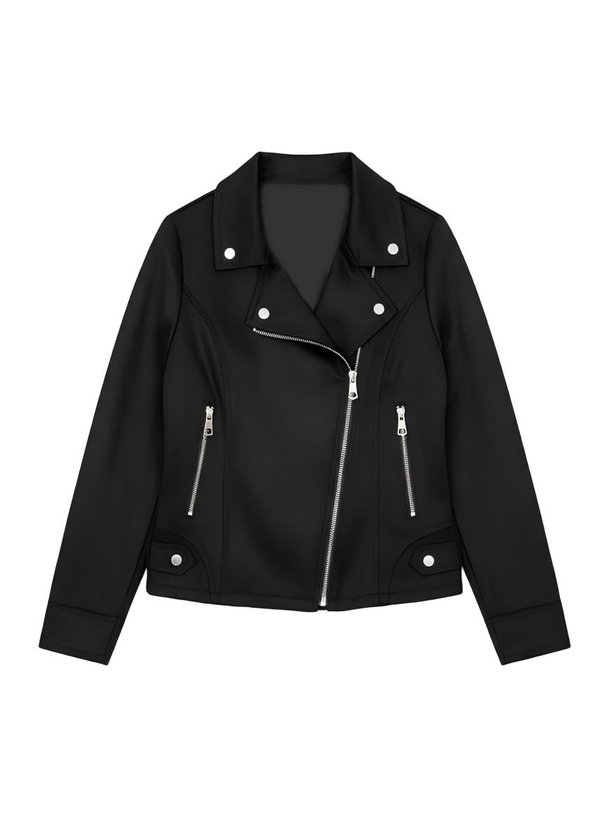 SS-Sunrise Fashion Women's Faux Suede Jacket Long Sleeve Asymmetric Zip Casual Cropped Coat Biker Moto Jacket Outwear with Fake Pockets (X-Large, Black)