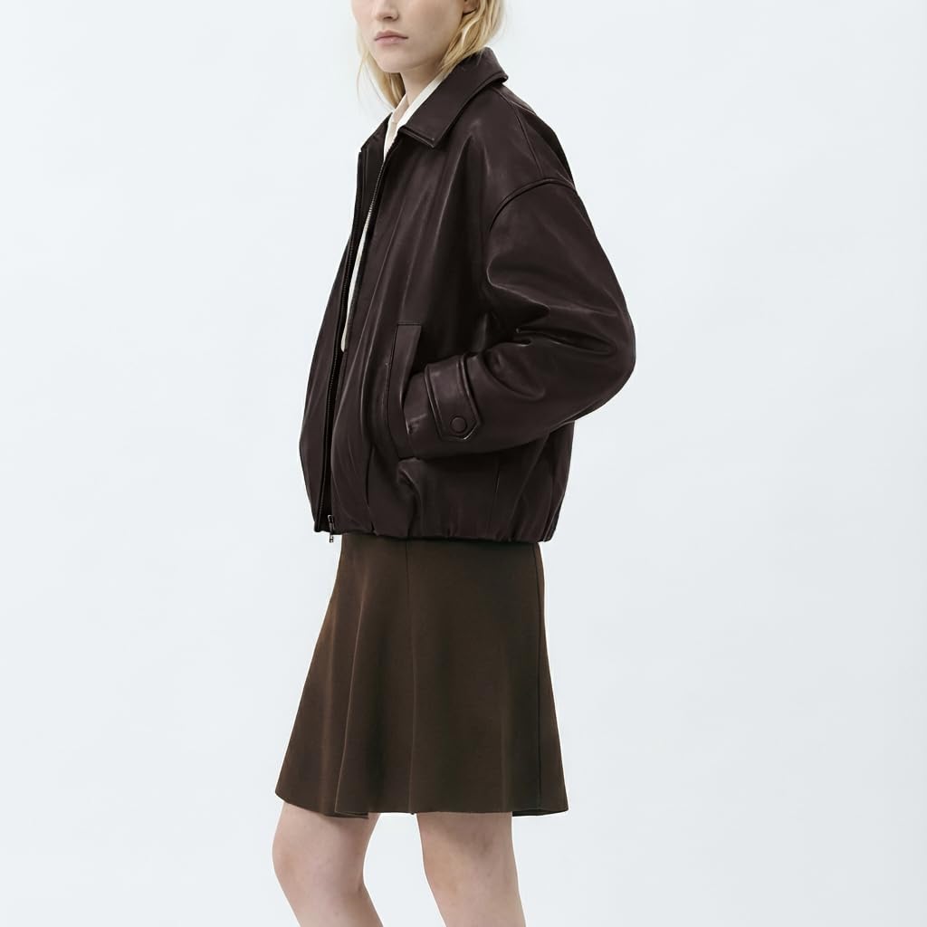 VKXJA Oversized Faux Leather Bomber Jacket for Women – Zip-Up Aviator Flight Coat, Relaxed Fit Streetwear Outerwear (US, Alpha, Medium, Regular, Regular, Brown)