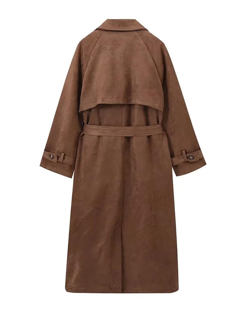 uhbkezy Brown Faux Suede Trench Coat Women Long Suede Leather Jacket 2025 Fall Winter Coats Warm Double Breasted Blazer Pea Coat Overcoat with Belt (Brown,S)
