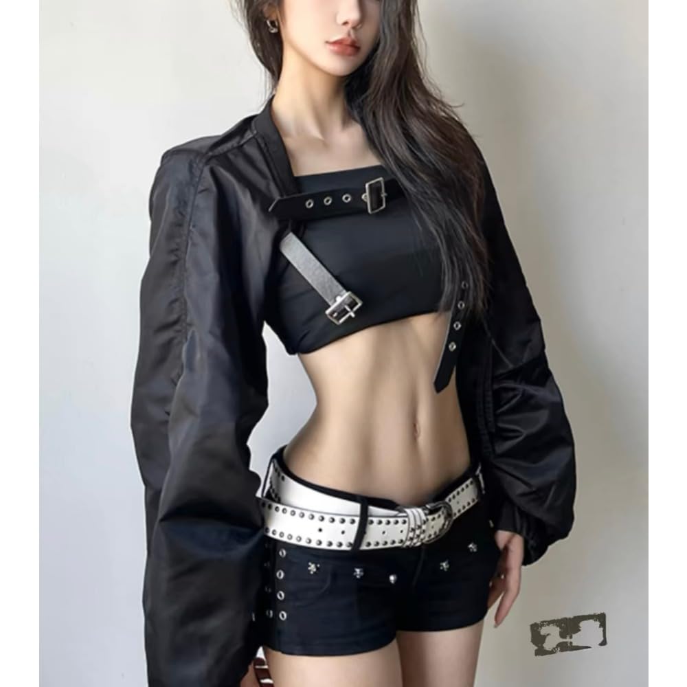 Xojbzoo Women's Y2K Belted Black Motorcycle Jacket Pleated Long Sleeve Super Short Coat Trendy Summer Fashion (Black,Small)
