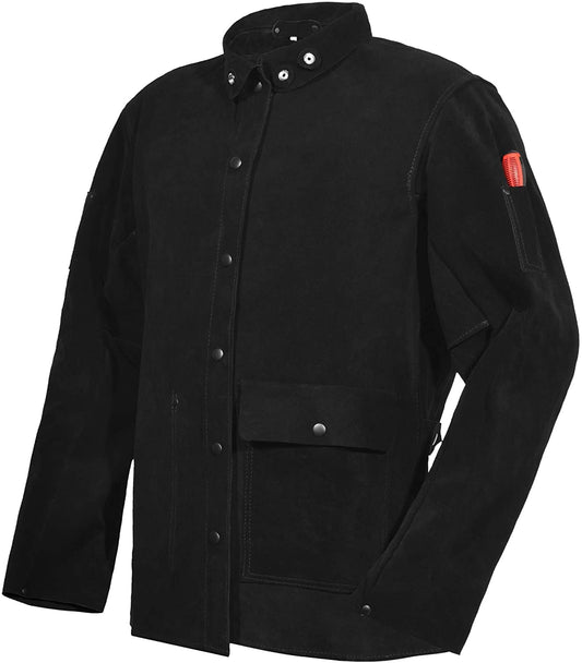 Black Leather Welding Jacket, Heavy Duty FR Heavy Duty Split Cowhide Leahter (Medium, m)