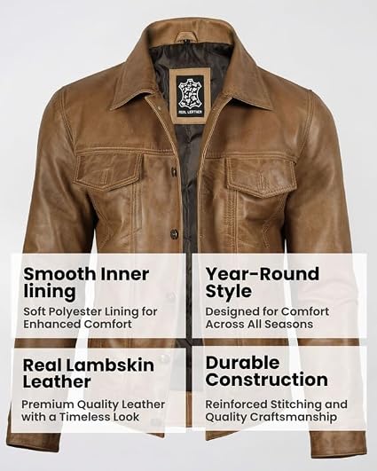 Blingsoul Brown Leather Trucker Jacket Men | [1107375] Fernando Camel Wax, XL