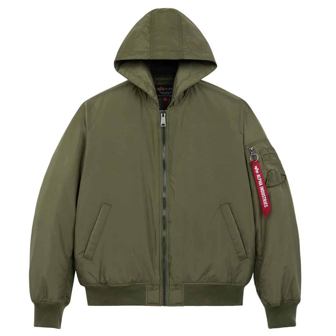 Alpha Industries MA-1 Hooded Oxford Flight Jacket for Men – Bomber Lightweight Nylon Shell – Utility Sleeve Pocket – Rib-Knit Trim – Fleece Hood – Zipper Closure – Military Jacket, Green, M